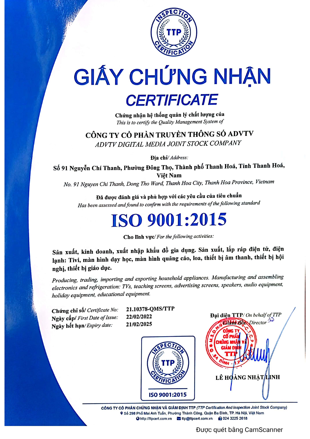 Chứng nhận ISO 9001:2015 của ADVTV 